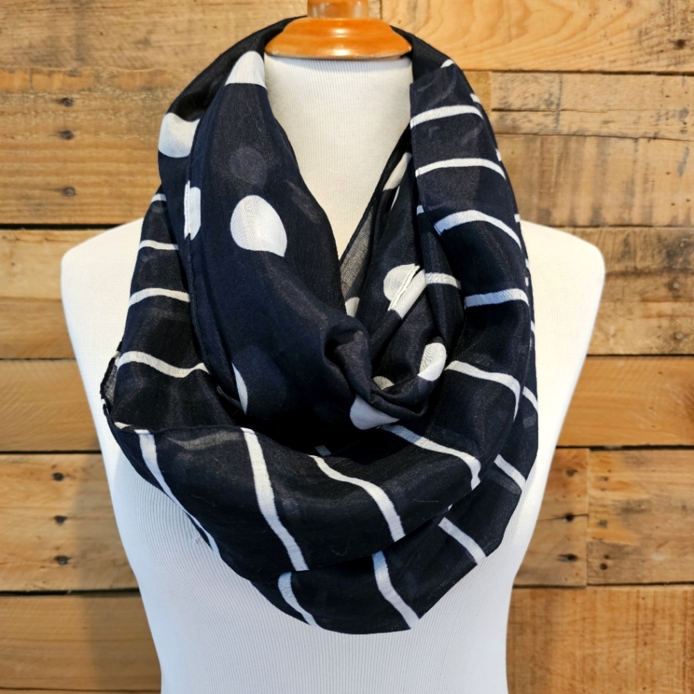 Navy/white semi-sheer polka dot & striped infinity scarf/cover-up - Picture 1 of 8